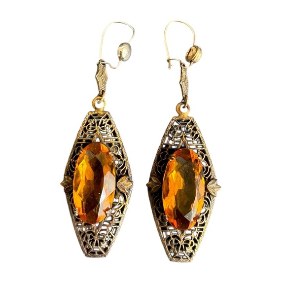 Vintage Czech Glass Earrings Faux Citrine Filigree Drop Victorian Art Deco - Picture 1 of 13